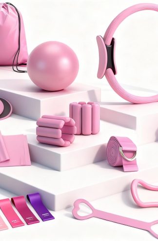 家用鍛鍊普拉提裝備套裝 - 18 件套 - 14 英寸女士普拉提環和球套裝、普拉提/瑜伽配件套裝，帶手腕重量、阻力帶、核心滑塊、瑜伽帶、襪子、包