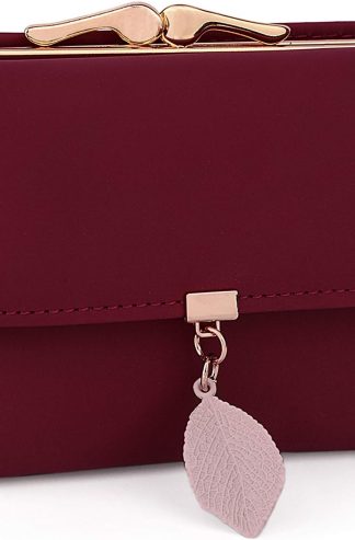 UTO Small Wallet for Women PU Leather Leaf Pendant Card Holder Organizer Coin Purse Red