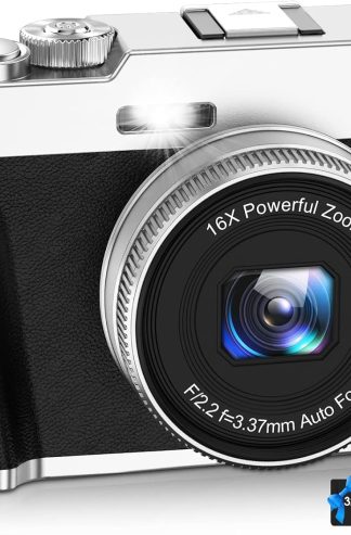 4K 數位相機,自動對焦 48MP YouTube 影片部落格相機和帶取景器閃光燈和轉盤的防手震攝影機,16 倍變焦旅行便攜式數位相機,帶 32GB 卡,2 顆電池(黑色)