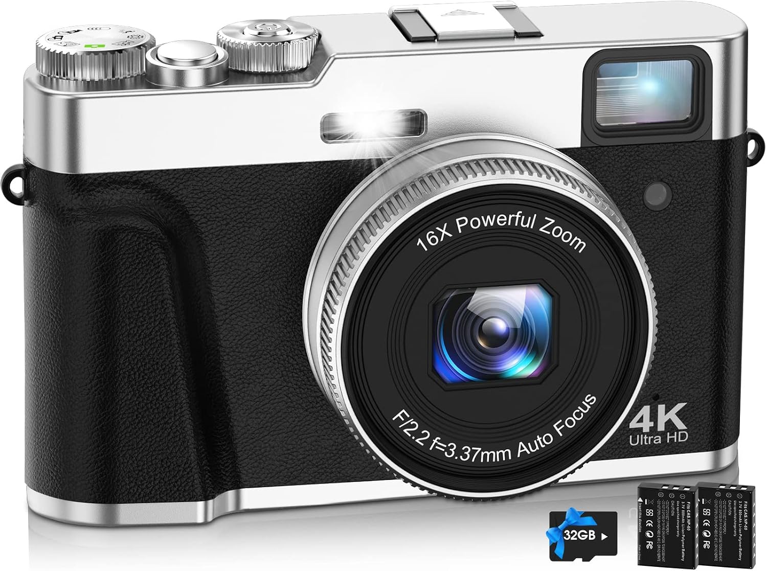 4K 數位相機,自動對焦 48MP YouTube 影片部落格相機和帶取景器閃光燈和轉盤的防手震攝影機,16 倍變焦旅行便攜式數位相機,帶 32GB 卡,2 顆電池(黑色)