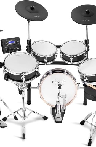 Fesley 電動鼓組，帶獨立底鼓軍鼓踩镲：真實聲源，藍牙電子鼓套件，帶雙區網狀鼓墊，成人全尺寸雙區镲片