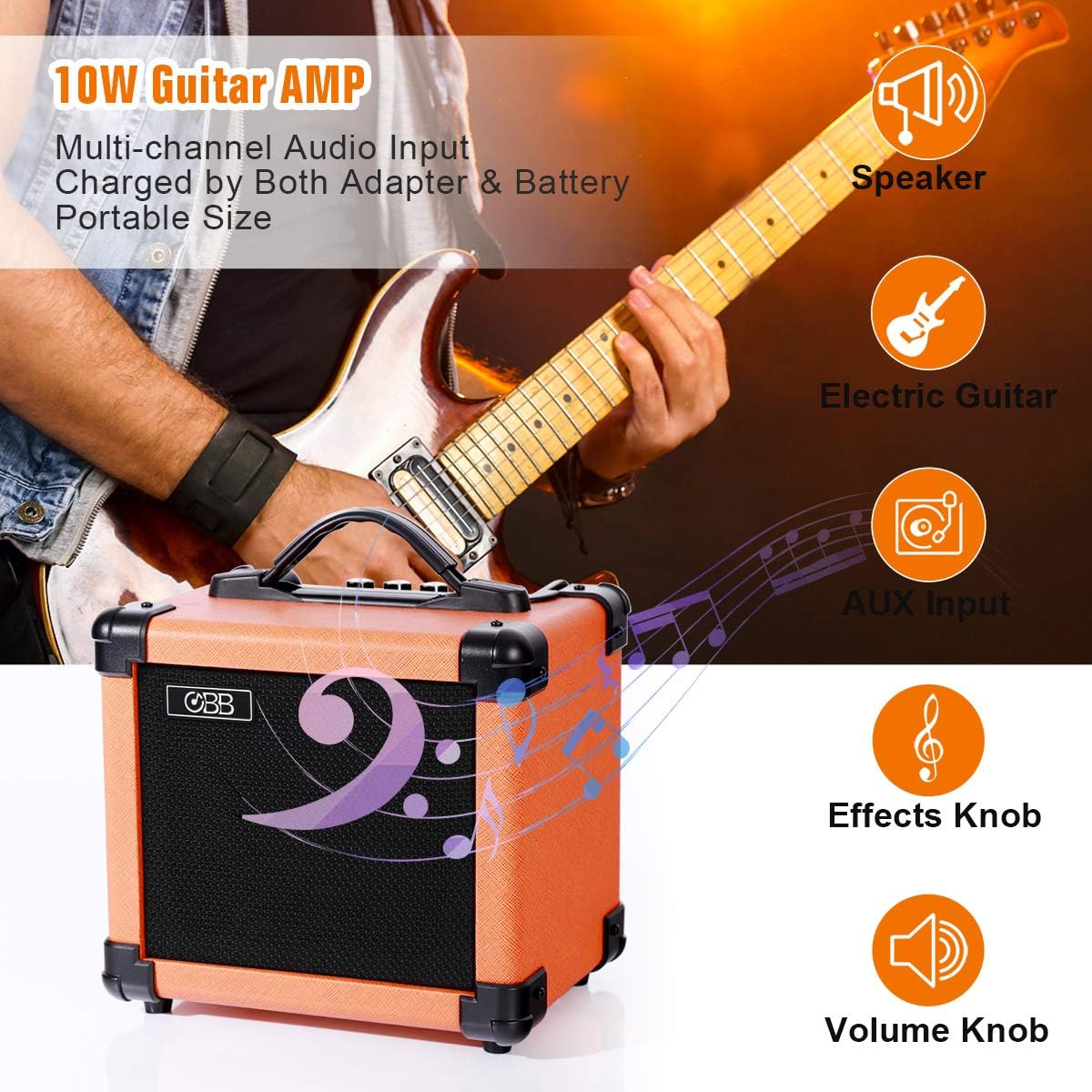 OBB Dual-Powered Bluetooth Guitar Amp, with 3-Year Warranty,Portable Electric Guitar Amplifier with 10W Speaker, Amplifier Includes Gain/Bass/Treble knob - Image 8