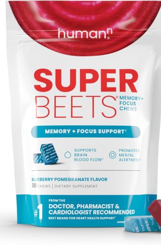 Humann SuperBeets 大腦補充劑，用於記憶和集中註意力咀嚼片、精神警覺性、臨床研究促智藥、白藜蘆醇補充劑加甜菜根粉、藍莓石榴味，30 片