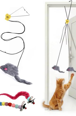 Interactive Cat Toys for Indoor Cats - Hanging Door Cat Toy with Bouncy Mouse and Bell - Door-Mounted Fun Toy for Cats at Home - Includes 2 Bonus Attachments