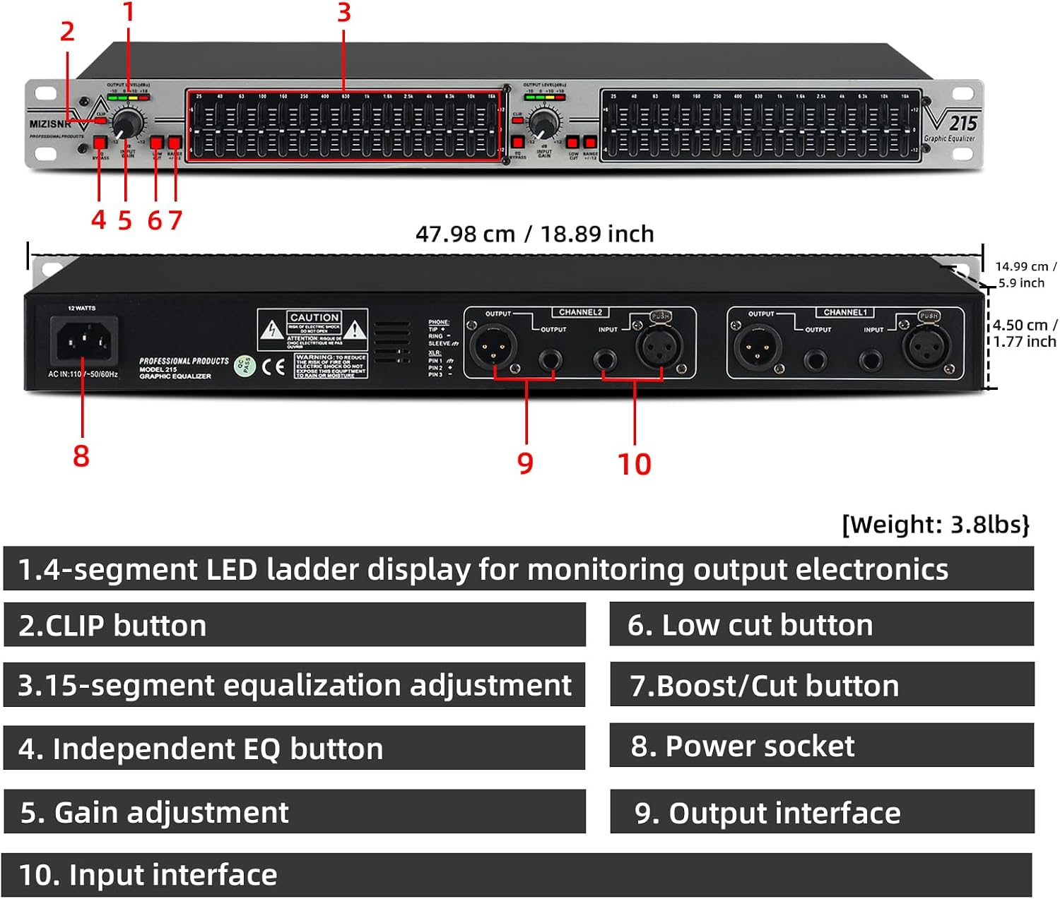 Graphic Equalizer 15-Band Stereo EQ for Home Audio, Dual Channel Professional Silver DJ Equalizer, Noise Reduction 1U Rack Mount (EQ-215S) - Image 7