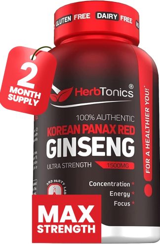 Herbtonics 韓國紅參 1500 毫克 - 能量補充劑，提供最佳表現、焦點和活力 - 高效力人參根提取物 - 120 粒素食膠囊