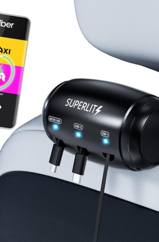 Superlit 3 合 1 可伸縮後座車用充電器 – 適用於 Uber、Lyft 和 Rideshare 司機的頭枕安裝充電站，適用於乘客的快速多 USB 充電設備，兼容所有手機