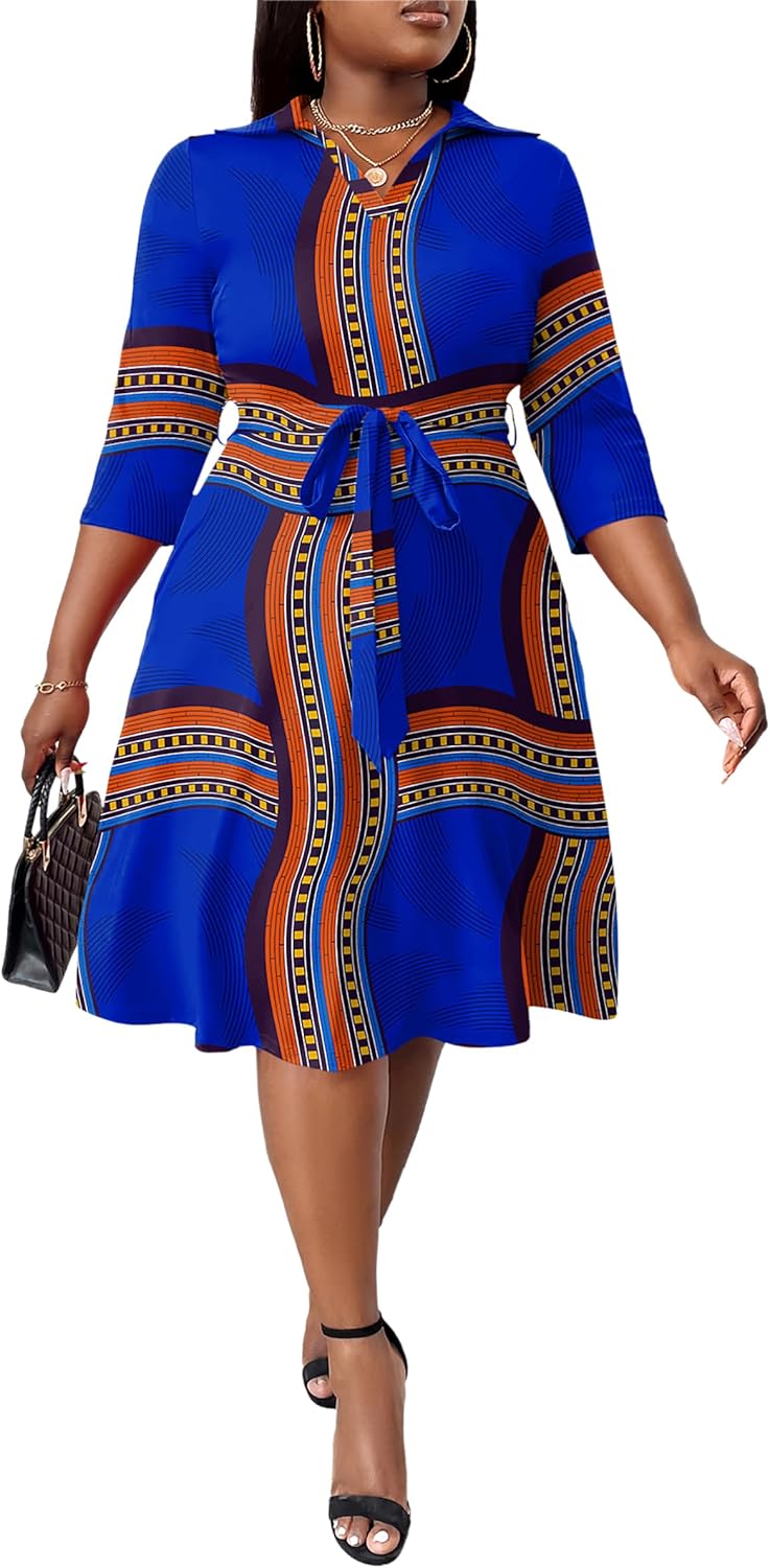 Fandee Plus女士的MIDI禮服 - 婚禮嘉賓雞尾酒會的印刷夏季禮服3/4袖子v neck(XL -5XL) - Image 2