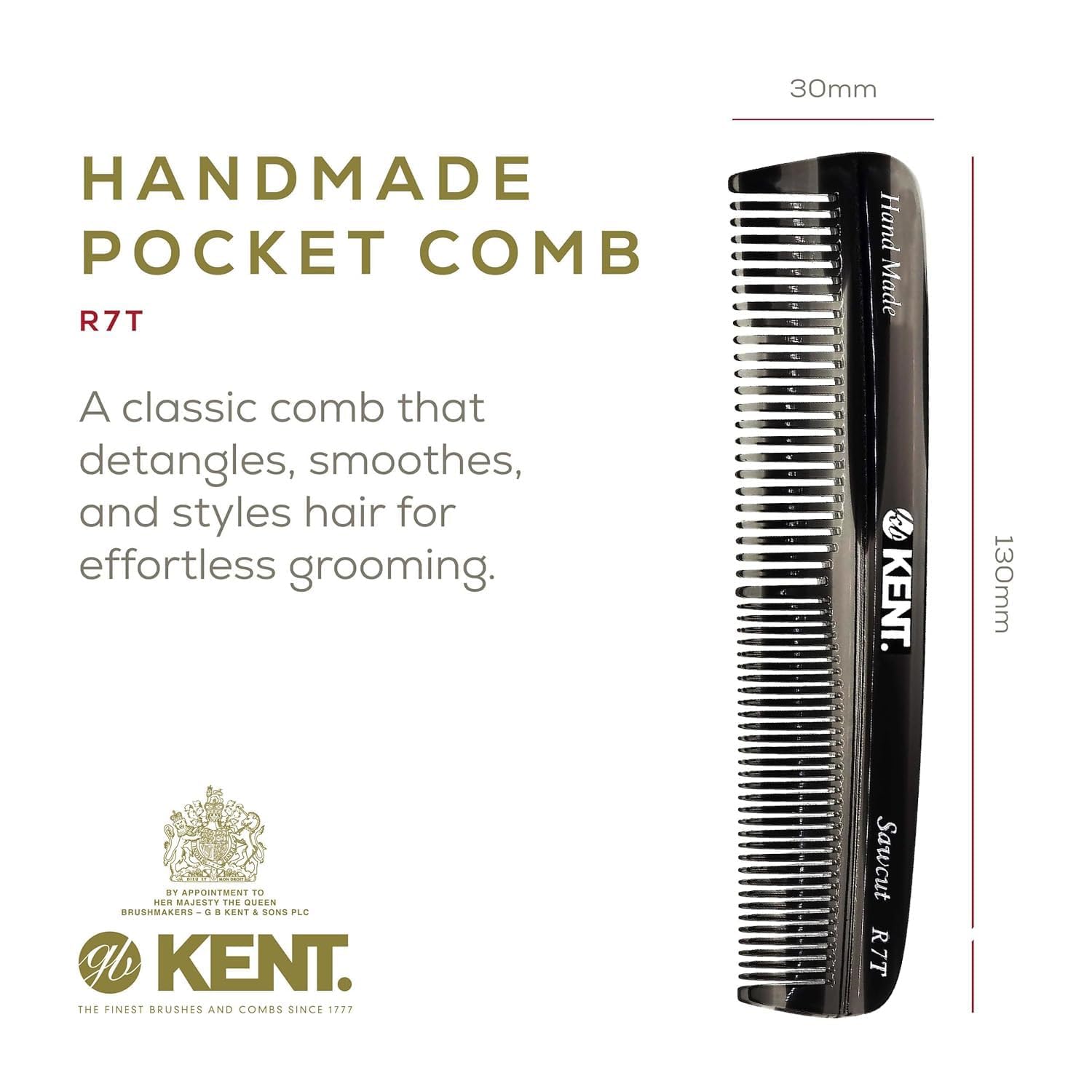 Kent R7T Fine and Wide Tooth Hair Comb, Handmade Pocket Comb for Men, Best Beard and Mustache Comb for Everyday Grooming and Styling, Sawcut, Made in England - Image 3