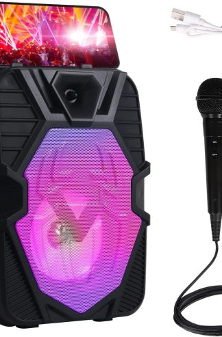 PINPON藍牙卡拉OK機器的兒童成人,便攜式揚聲器PA系統,帶有有線麥克風的唱歌設備和家庭派對閃爍的迪斯科燈光,支持FM Radio/tf/tf/usb/aux
