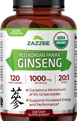Zazzee USDA Organic Red Korean Panax Ginseng 20:1 Extract, 1000 mg, 5% Ginsenosides, 120 Vegan Capsules, Standardized and Concentrated 20X Root Extract, 100% Vegetarian, All-Natural, Made in the USA