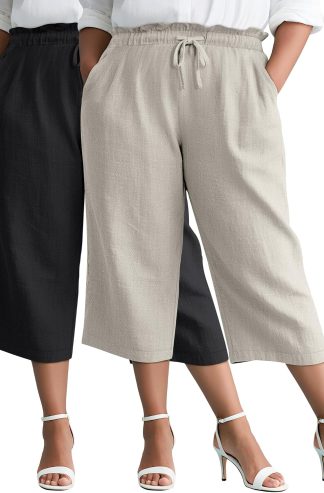 Evervibe 2 Pack Linen Capri Pants for Women L - 5XL Plus Size High Waist Drawstring Pockets Casual Cropped Trousers(Black, Oatmeal,3X-Large)