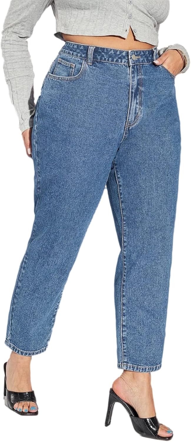 Leijijeans加上碼的女士,牛仔褲直接合身的高彈性牛仔褲高沃斯式淺藍色全長媽媽褲子 - Image 2