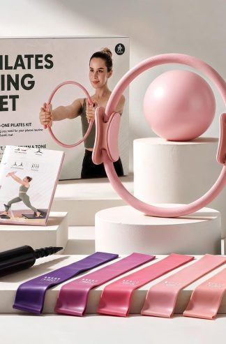 PAETA Pilates Ring Set – 14” Magic Circle (38 lbs Resistance), 9.8” Pilates Ball, 5 Resistance Bands, and Exercise Guide Included for Home Workouts