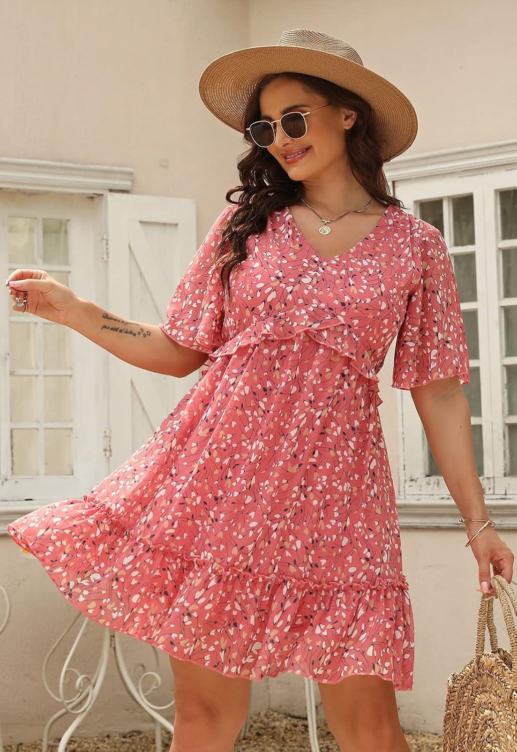 Nemidor Womens Loose Plus Size Summer Ditsy Floral Print Ruffle Mini Flowy Dress NEM314 - Image 3