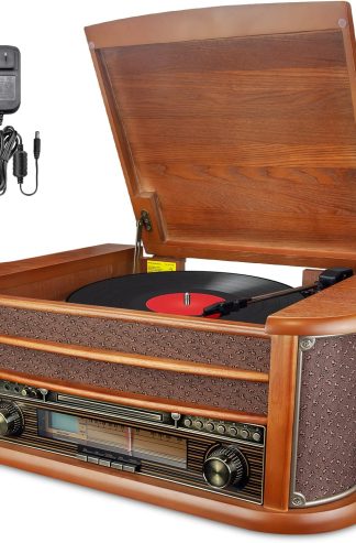 BIGMONAT 電唱機乙烯基轉盤立體聲書架揚聲器、帶磁盒的老式 Hi-Fi 系統、帶遙控器的內置唱機前置放大器立體聲揚聲器