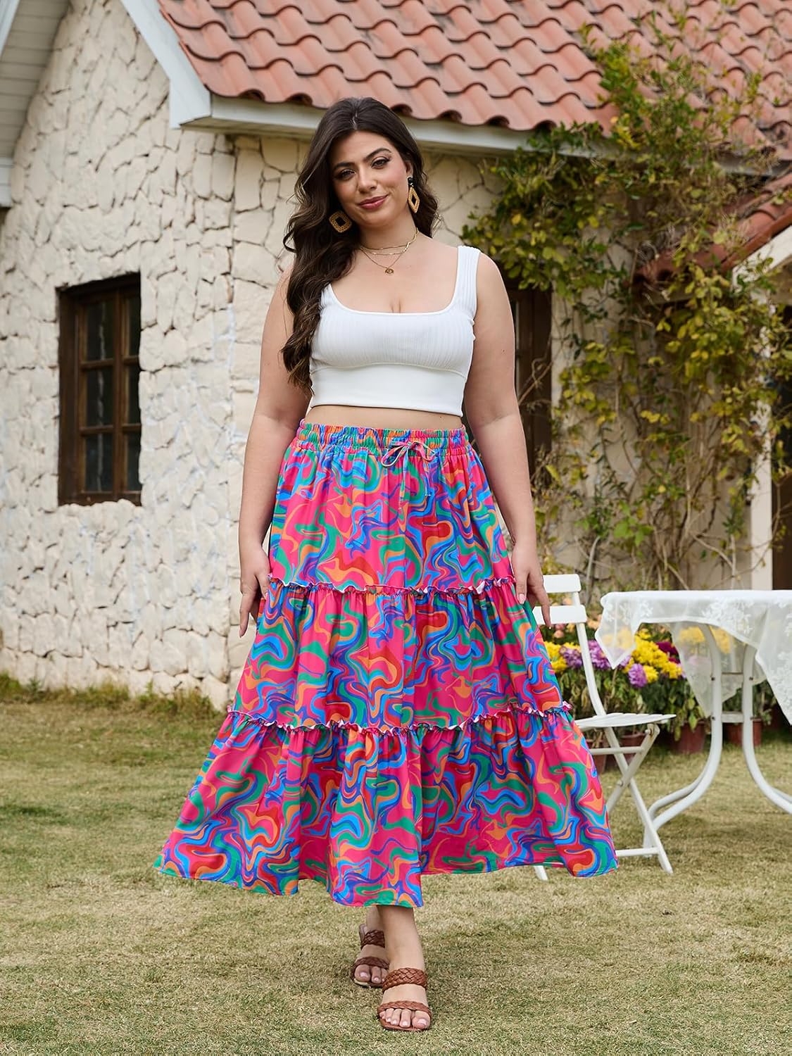 女子加大碼波西米亞語長裙花卉分層長流長長裙,口袋高腰夏季海灘裙 - Image 3