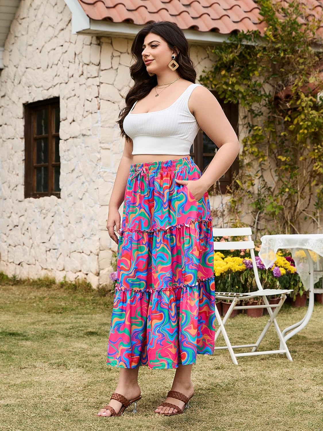 女子加大碼波西米亞語長裙花卉分層長流長長裙,口袋高腰夏季海灘裙 - Image 4