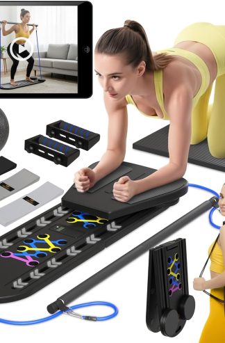 普拉提塑身機板、帶計時器的可折疊 7 合 1 普拉提板套件、帶阻力帶和球的指導家庭鍛煉 - 家用普拉提塑身機 AB 核心機、運動健身滑塊設備