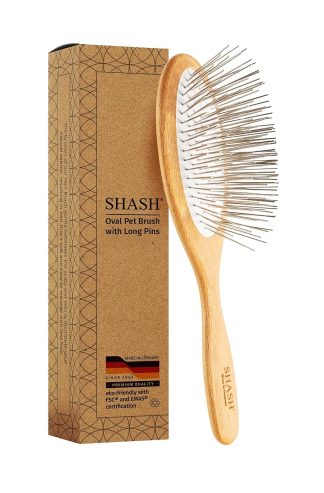 Since 1869 Hand Made In Germany - SHASH Oval Pet Brush With Long Metal Pins With Rubber Cushion - Helps Detangle Knots, Eliminate Frizz, Reduce Pulling & Snagging