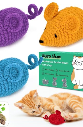 Retro Shaw Catnip Toys Crochet Mice Cat Toys,3 Pcs Yarn Cat Nip Mouse Animals Toy,Safe Teeth Cleaning Toy for Indoor Kittens