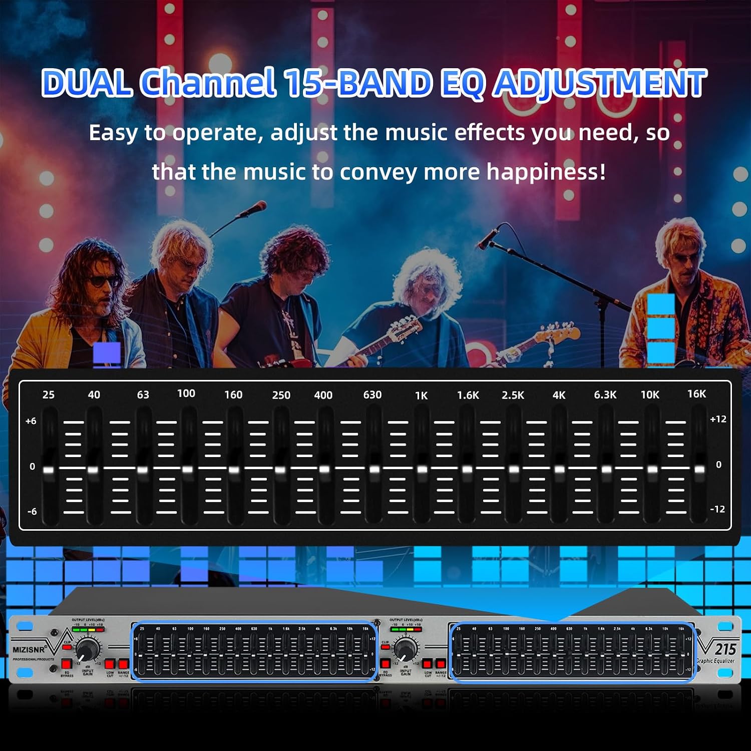 Graphic Equalizer 15-Band Stereo EQ for Home Audio, Dual Channel Professional Silver DJ Equalizer, Noise Reduction 1U Rack Mount (EQ-215S) - Image 3