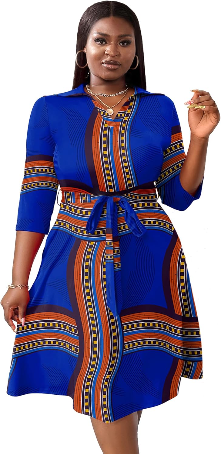 Fandee Plus女士的MIDI禮服 - 婚禮嘉賓雞尾酒會的印刷夏季禮服3/4袖子v neck(XL -5XL) - Image 5