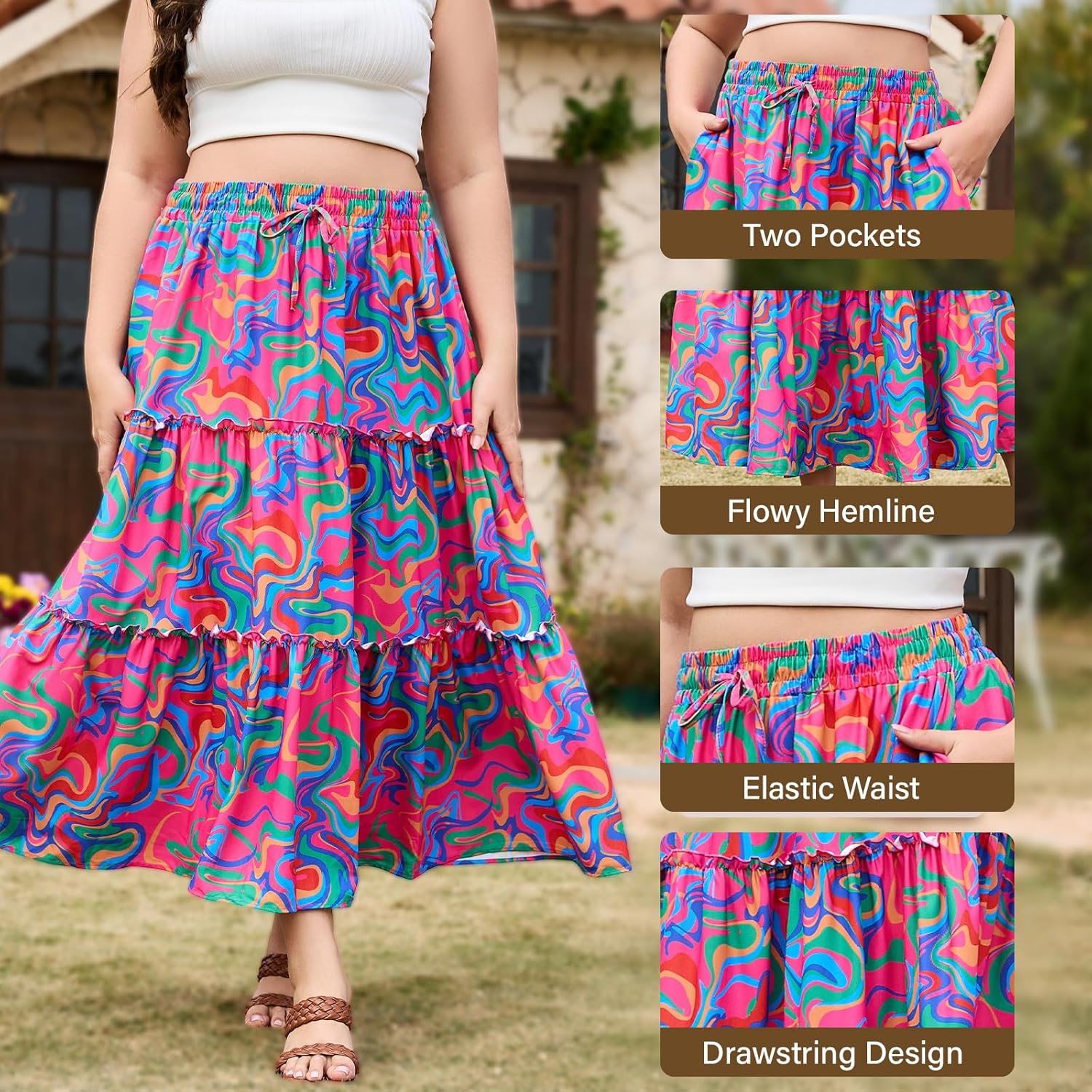 女子加大碼波西米亞語長裙花卉分層長流長長裙,口袋高腰夏季海灘裙 - Image 2