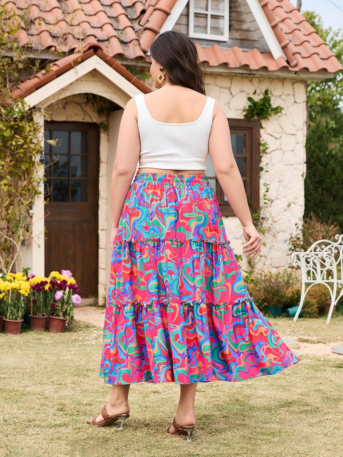 女子加大碼波西米亞語長裙花卉分層長流長長裙,口袋高腰夏季海灘裙 - Image 5