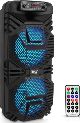 Pyle 便攜式藍牙 PA 揚聲器系統，600W 可充電戶外藍牙揚聲器便攜式 PA 系統，帶雙 8 英寸低音炮 1 英寸高音揚聲器、麥克風輸入、派對燈、USB、收音機、遙控器