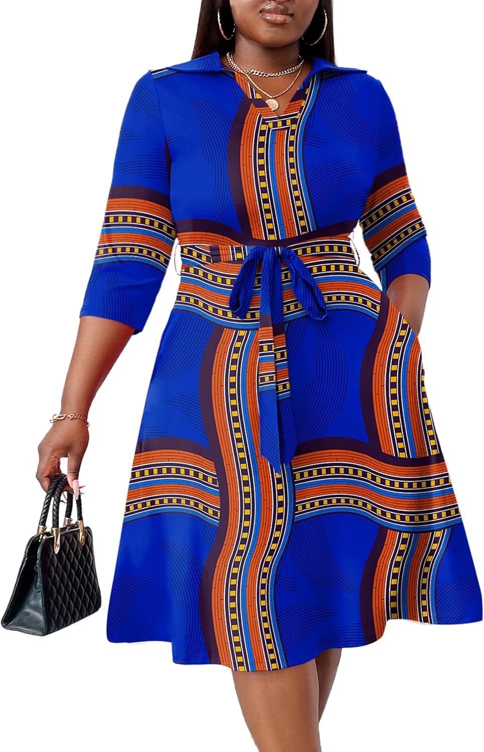 Fandee Plus女士的MIDI禮服 - 婚禮嘉賓雞尾酒會的印刷夏季禮服3/4袖子v neck(XL -5XL)