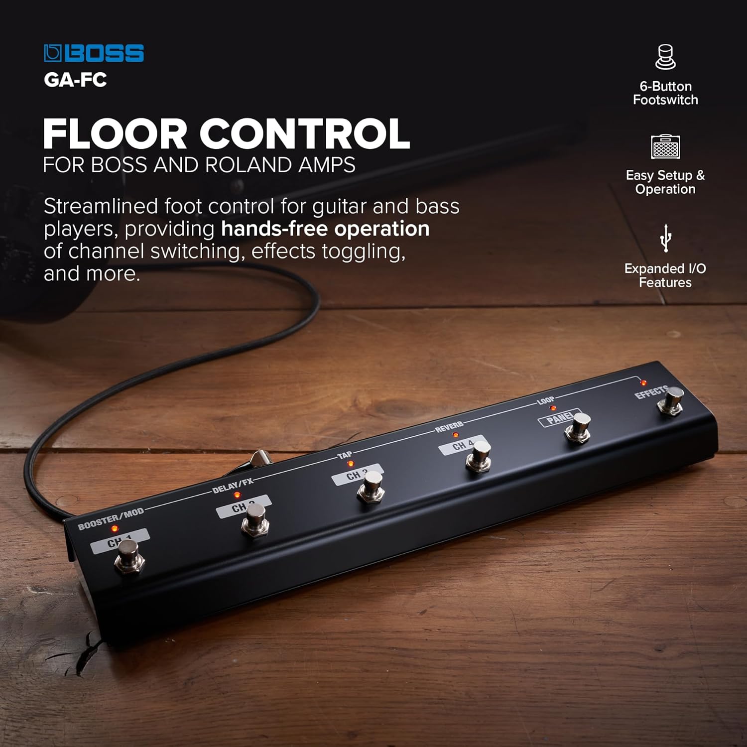 BOSS GA-FC | 6-Button Foot Controller | Hands-Free Control of BOSS/Roland Guitar & Bass Amps | Streamlined Channel Switching | Change Presets & Toggle Effects | Compatible with Most Katana Amps & More - Image 2