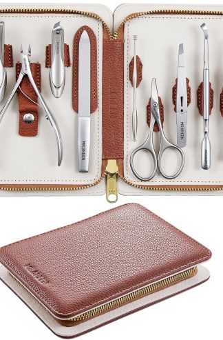 MR.GREEN 9-in-1 Manicure & Pedicure Set – Professional German Stainless Steel Nail Clippers Grooming Kit with Splash-Proof Nail Clipper & Genuine Leather Travel Case (Cognac Brown)