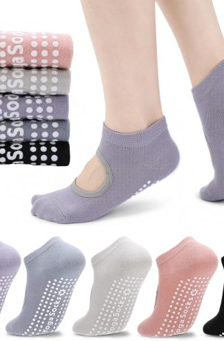 Pilates Socks for Women Breathable Grip Crew Yoga Socks for Barre Hospital Barefoot Gifts 5 Pairs