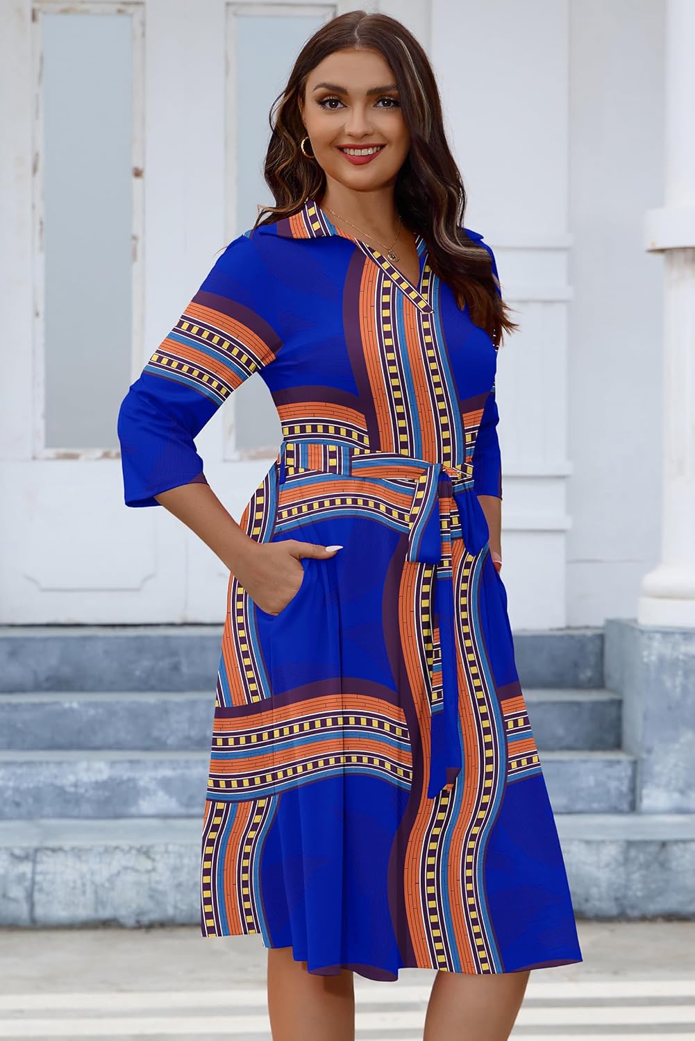 Fandee Plus女士的MIDI禮服 - 婚禮嘉賓雞尾酒會的印刷夏季禮服3/4袖子v neck(XL -5XL) - Image 8