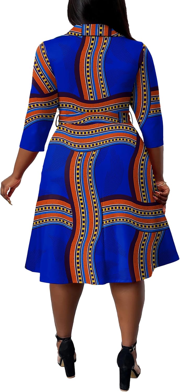 Fandee Plus女士的MIDI禮服 - 婚禮嘉賓雞尾酒會的印刷夏季禮服3/4袖子v neck(XL -5XL) - Image 3