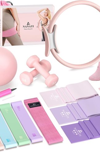 NANATI 普拉提套裝、女士普拉提必備套裝、帶有 14.5 英寸普拉提環和球的普拉提設備、阻力帶、啞鈴和握力襪配件、初學者家用普拉提鍛煉套裝