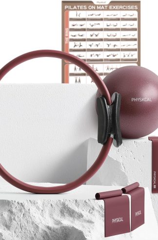 PhysKcal 普拉提套裝、15 英寸普拉提環，帶有 1 個核心球、3 個阻力環和 2 個彈性帶、家用普拉提設備套裝和墊上普拉提基本套件