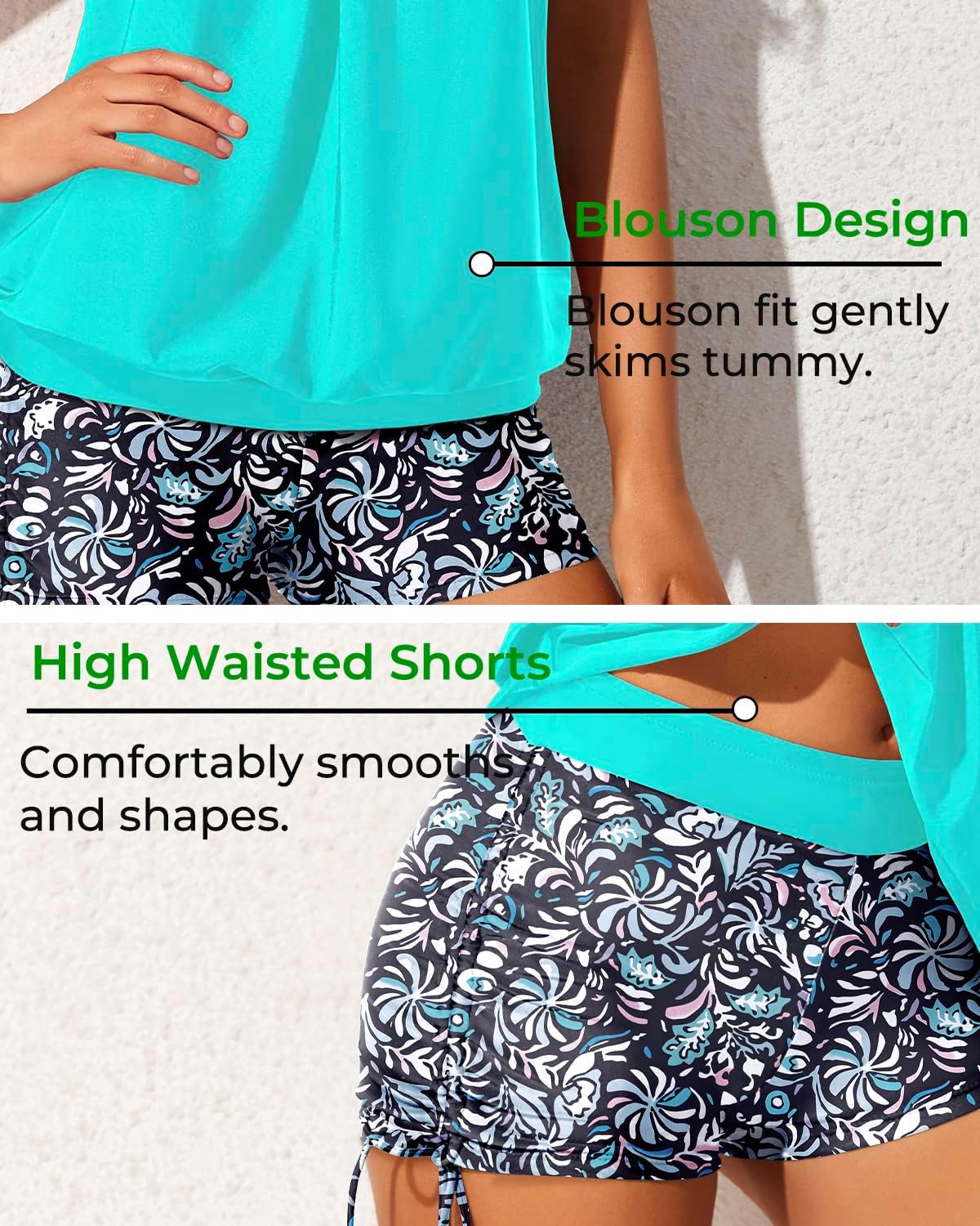 Yonique Womens Blouson Tankini Swimsuits Two Piece Strappy Bathing Suit Tops with Shorts Criss Cross Swimwear - Image 4