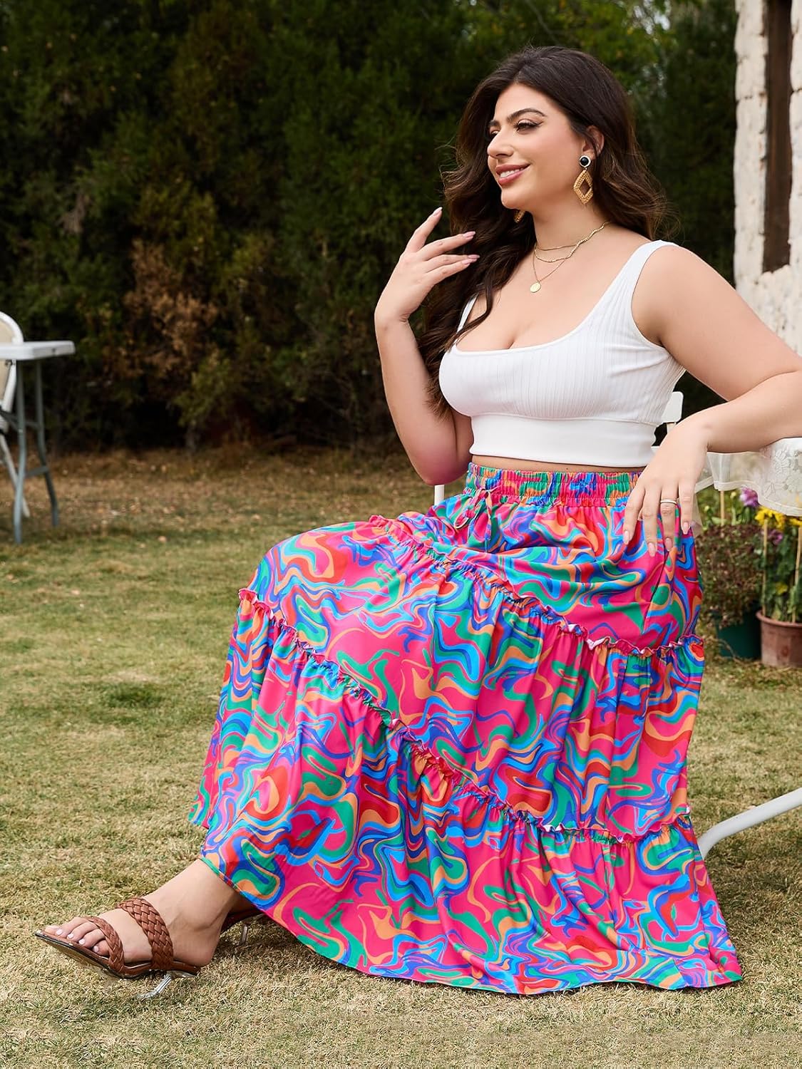 女子加大碼波西米亞語長裙花卉分層長流長長裙,口袋高腰夏季海灘裙 - Image 6