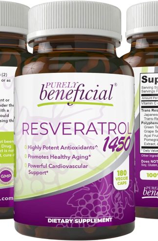 純粹有益的白藜蘆醇 1450-90 天供應，每份 1450 毫克，強效抗氧化劑和反式白藜蘆醇，促進抗衰老，支持心血管，最大功效（1 瓶）