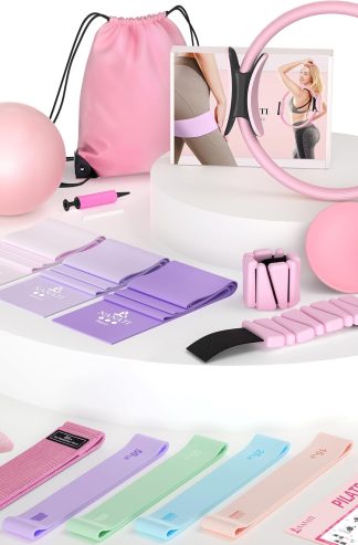 普拉提套件、女士家用普拉提鍛煉套件、帶有 14.5 英寸普拉提環和球的普拉提設備、阻力帶、腳踝重量、滑塊和握力襪配件，適合初學者家庭鍛煉