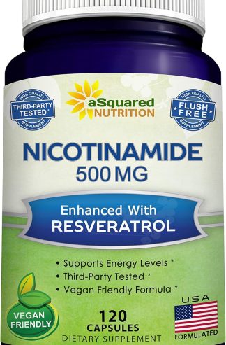 aSquared Nutrition Nicotinamide with Resveratrol - 120 Veggie Capsules - Vitamin B3 500mg (Niacinamide Flush Free) - Supplement Pills to Support NAD, Skin Cell Health & Energy