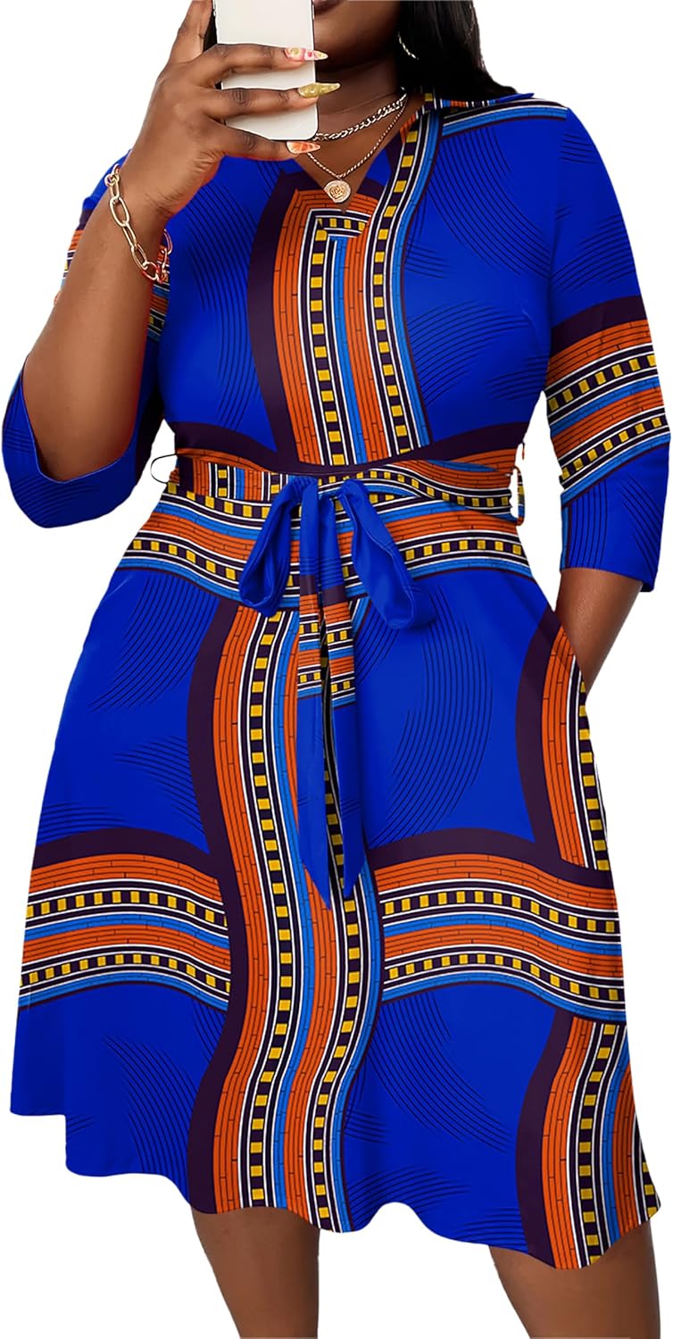 Fandee Plus女士的MIDI禮服 - 婚禮嘉賓雞尾酒會的印刷夏季禮服3/4袖子v neck(XL -5XL) - Image 6