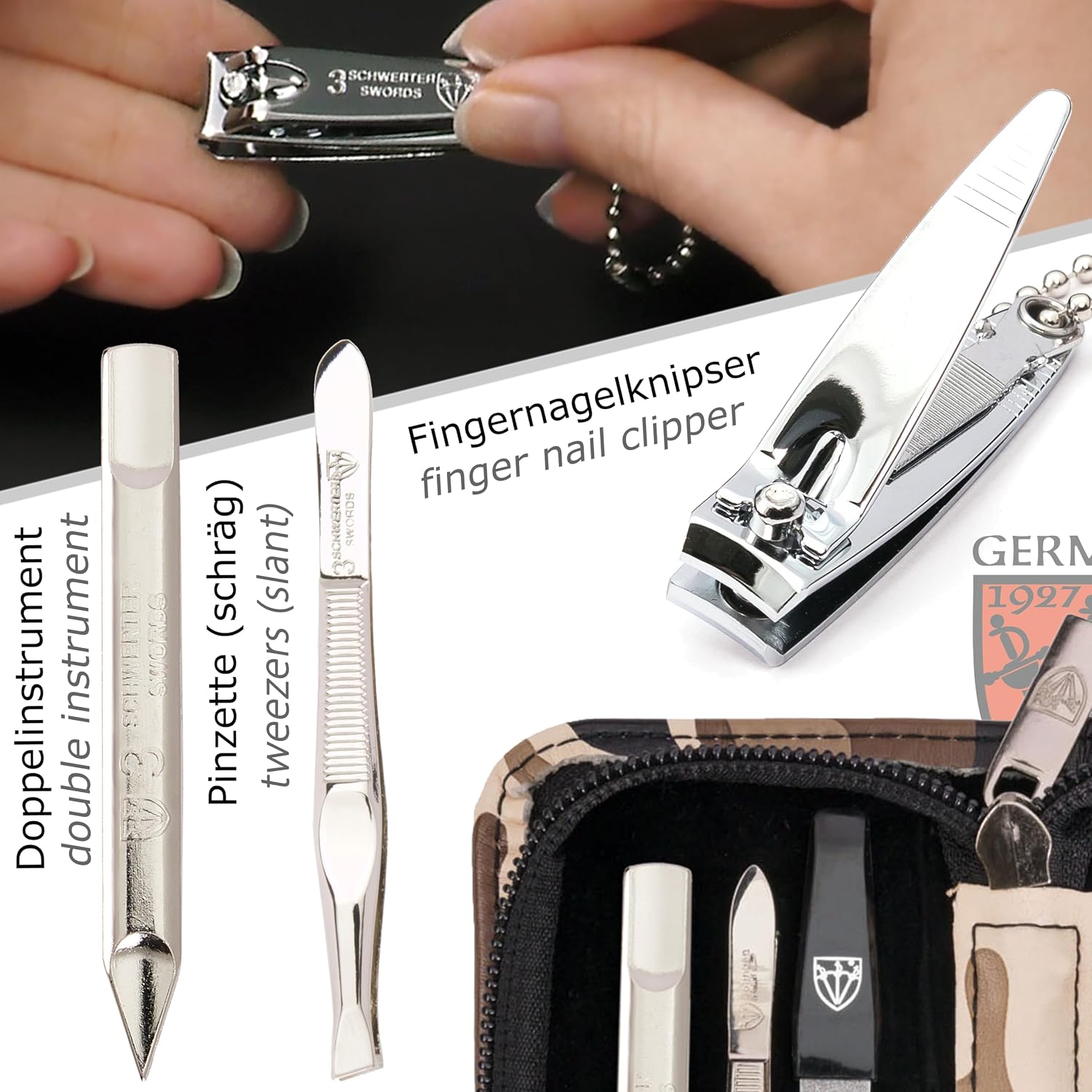 3 Swords Germany - brand quality 5 piece manicure pedicure grooming kit set with synthetic leather case camouflage - Made in Germany - Image 3
