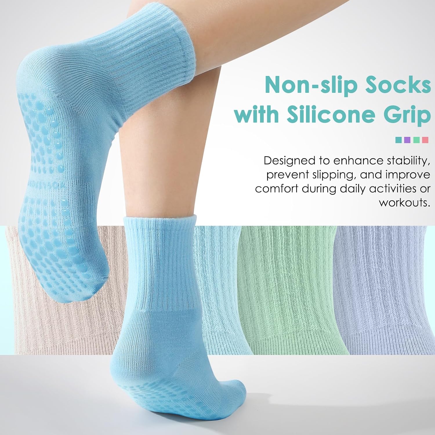 4 Pairs Pilates Socks with Grips for Women, Barre Yoga Grippy Socks, Womens Non Slip Pilates Crew Sticky Socks - Image 4