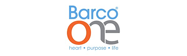 barco one logo with the text heart, purpose, life beneath it