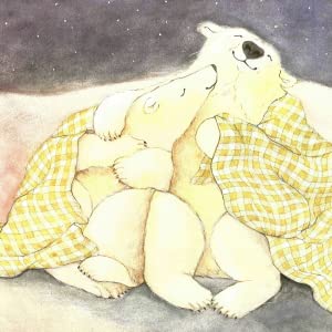 Illustration of two adult polar bears snuggling under a night sky with a yellow checkered blanket.