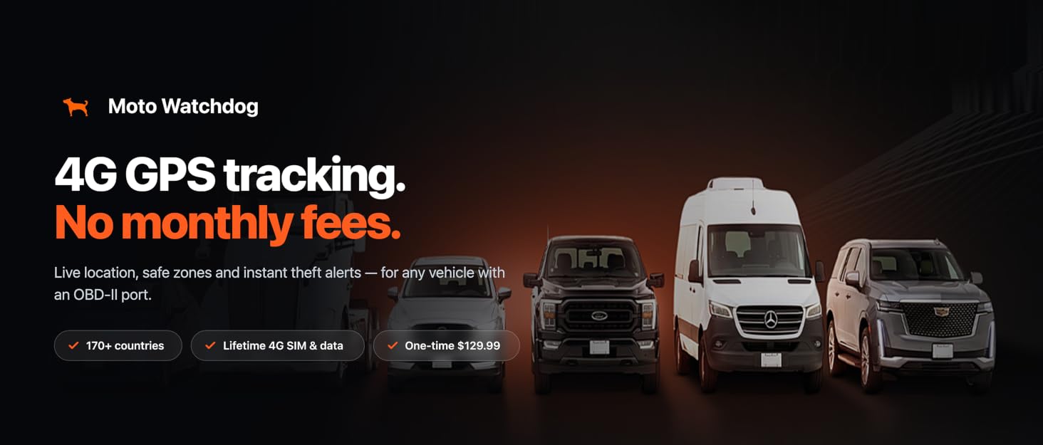 Moto Watchdog 4G GPS tracker for cars, trucks and vans with no monthly fees